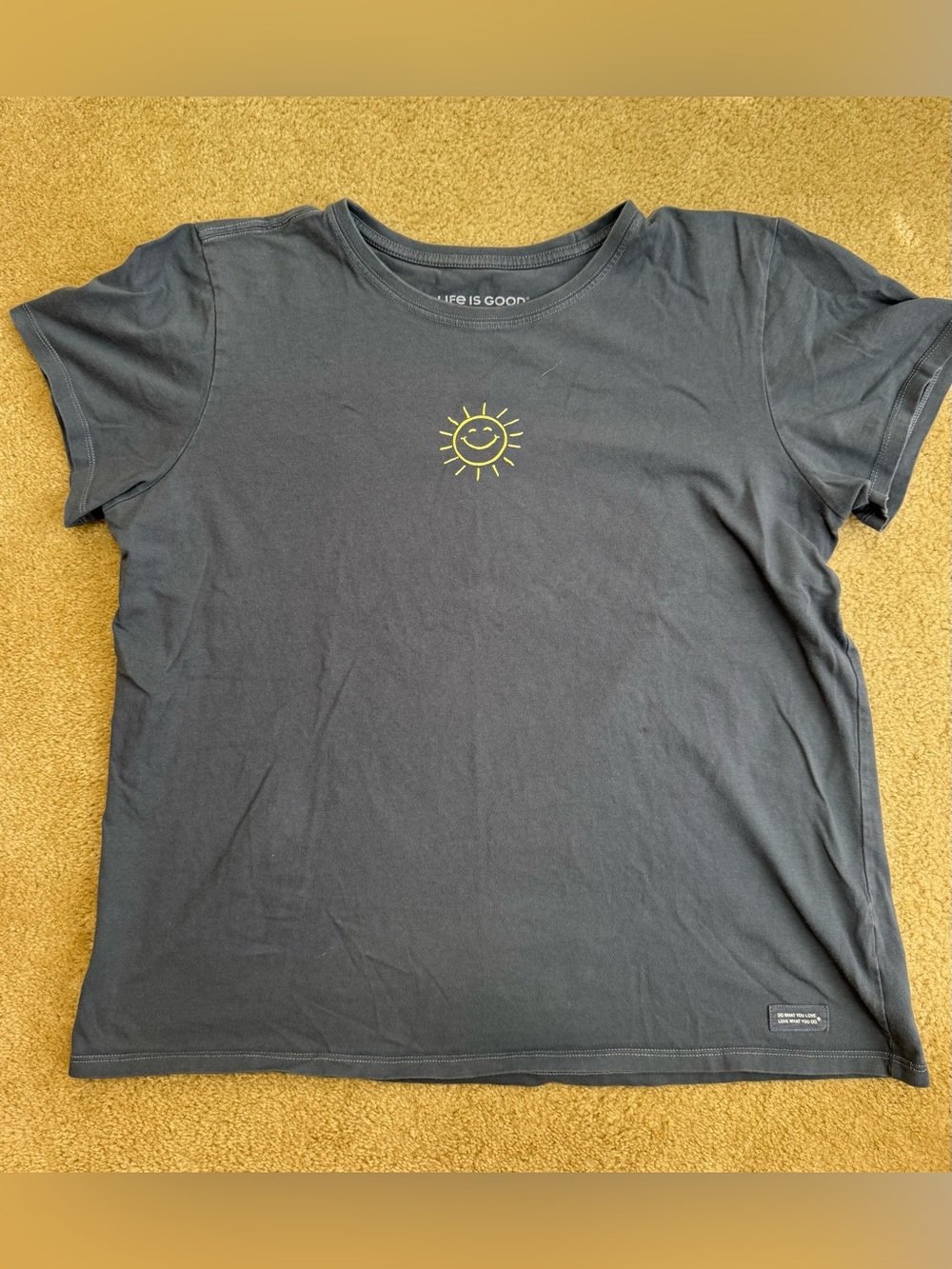Life Is Good Women's Bluish Gray Tee with Small Yellow Sun Graphic